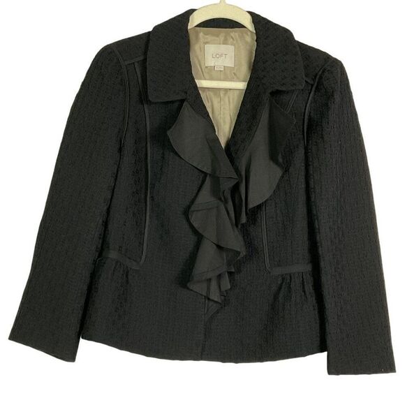 LOFT Women's Black Wool Blend Ruffle Front Jacket/Blazer, Size 10, Lined - Picture 1 of 11